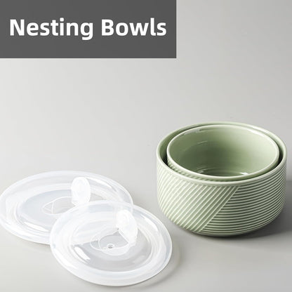 Ceramic Nesting Bowls with Lids, Set of 4, White | 50/32/20/10 oz Mixing Bowls with Lids - Porcelain Food Storage Containers For Prep and Serving, Microwave Safe
