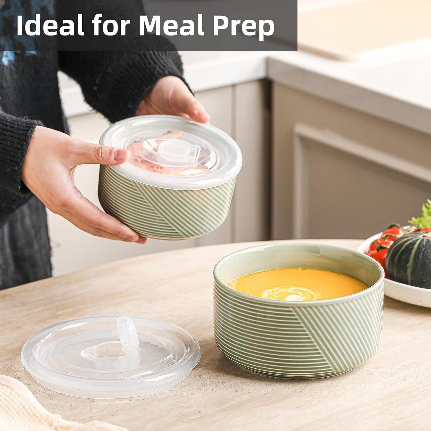 Ceramic Nesting Bowls with Lids, Set of 4, White | 50/32/20/10 oz Mixing Bowls with Lids - Porcelain Food Storage Containers For Prep and Serving, Microwave Safe