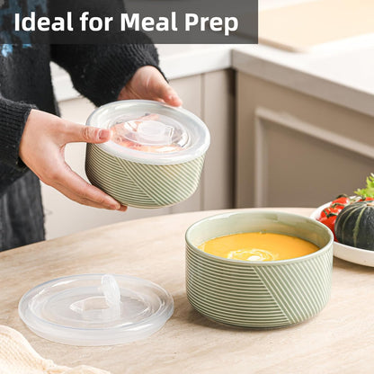 Ceramic Nesting Bowls with Lids, Set of 4, White | 50/32/20/10 oz Mixing Bowls with Lids - Porcelain Food Storage Containers For Prep and Serving, Microwave Safe