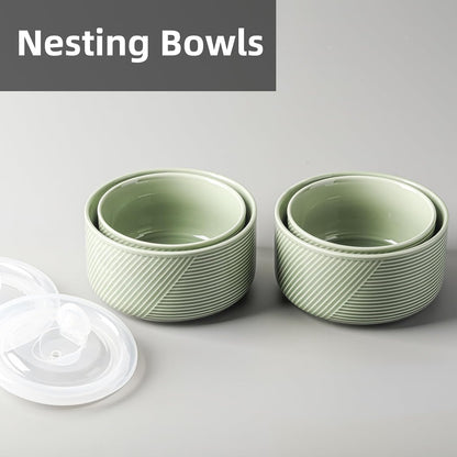 Ceramic Nesting Bowls with Lids, Set of 4, White | 50/32/20/10 oz Mixing Bowls with Lids - Porcelain Food Storage Containers For Prep and Serving, Microwave Safe