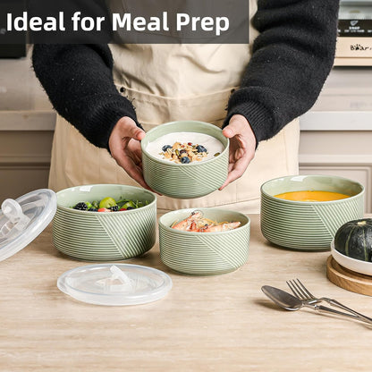 Ceramic Nesting Bowls with Lids, Set of 4, White | 50/32/20/10 oz Mixing Bowls with Lids - Porcelain Food Storage Containers For Prep and Serving, Microwave Safe