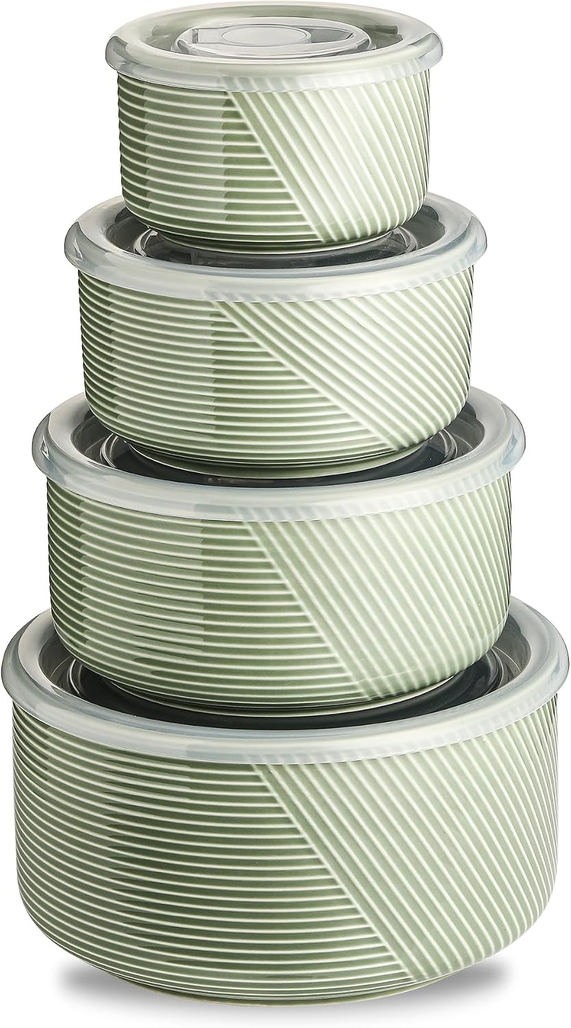 Ceramic Nesting Bowls with Lids, Set of 4, White | 50/32/20/10 oz Mixing Bowls with Lids - Porcelain Food Storage Containers For Prep and Serving, Microwave Safe