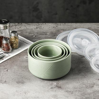 Ceramic Nesting Bowls with Lids, Set of 4, White | 50/32/20/10 oz Mixing Bowls with Lids - Porcelain Food Storage Containers For Prep and Serving, Microwave Safe