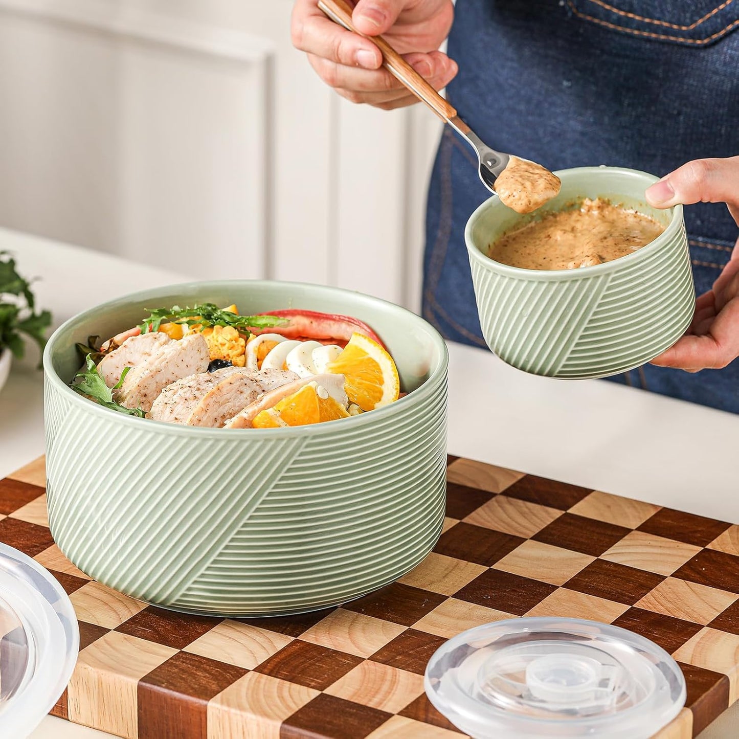 Ceramic Nesting Bowls with Lids, Set of 4, White | 50/32/20/10 oz Mixing Bowls with Lids - Porcelain Food Storage Containers For Prep and Serving, Microwave Safe