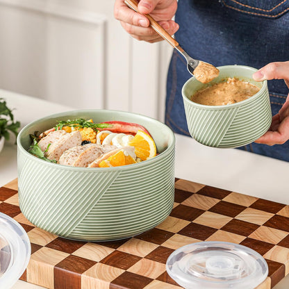 Ceramic Nesting Bowls with Lids, Set of 4, White | 50/32/20/10 oz Mixing Bowls with Lids - Porcelain Food Storage Containers For Prep and Serving, Microwave Safe