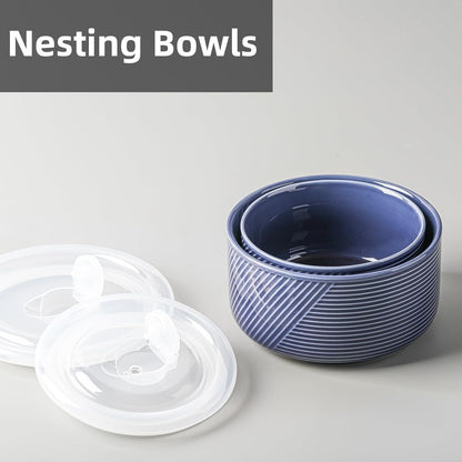 Ceramic Nesting Bowls with Lids, Set of 4, White | 50/32/20/10 oz Mixing Bowls with Lids - Porcelain Food Storage Containers For Prep and Serving, Microwave Safe