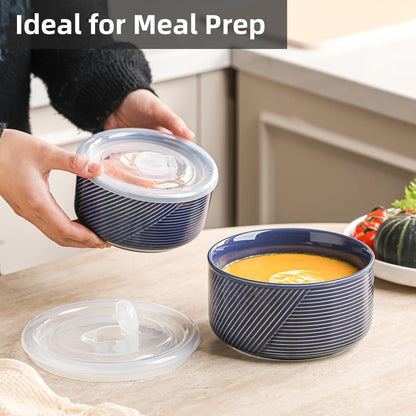 Ceramic Nesting Bowls with Lids, Set of 4, White | 50/32/20/10 oz Mixing Bowls with Lids - Porcelain Food Storage Containers For Prep and Serving, Microwave Safe