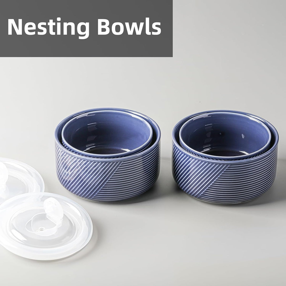 Ceramic Nesting Bowls with Lids, Set of 4, White | 50/32/20/10 oz Mixing Bowls with Lids - Porcelain Food Storage Containers For Prep and Serving, Microwave Safe