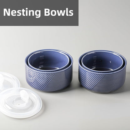 Ceramic Nesting Bowls with Lids, Set of 4, White | 50/32/20/10 oz Mixing Bowls with Lids - Porcelain Food Storage Containers For Prep and Serving, Microwave Safe