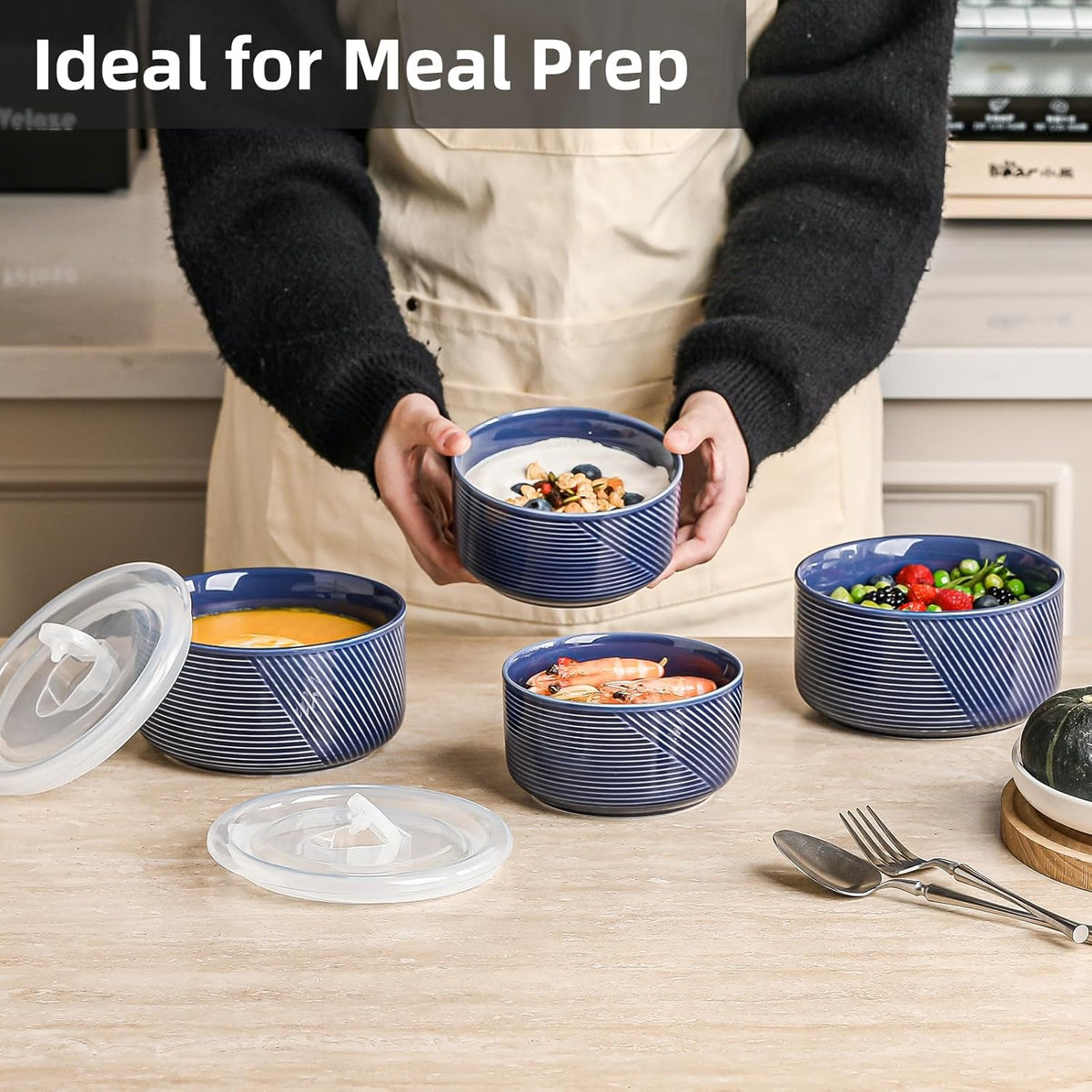 Ceramic Nesting Bowls with Lids, Set of 4, White | 50/32/20/10 oz Mixing Bowls with Lids - Porcelain Food Storage Containers For Prep and Serving, Microwave Safe