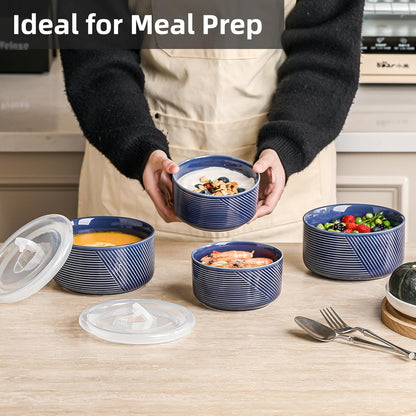 Ceramic Nesting Bowls with Lids, Set of 4, White | 50/32/20/10 oz Mixing Bowls with Lids - Porcelain Food Storage Containers For Prep and Serving, Microwave Safe