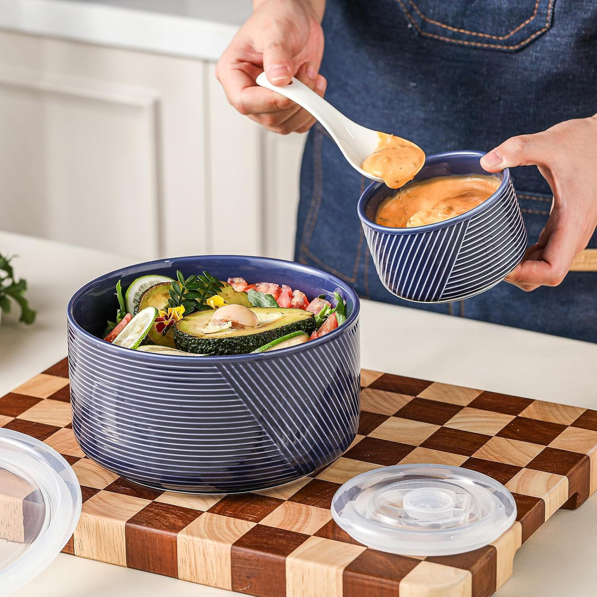Ceramic Nesting Bowls with Lids, Set of 4, White | 50/32/20/10 oz Mixing Bowls with Lids - Porcelain Food Storage Containers For Prep and Serving, Microwave Safe