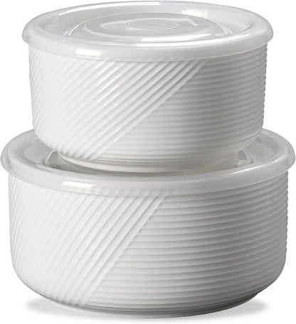 Ceramic Nesting Bowls with Lids, Set of 4, White | 50/32/20/10 oz Mixing Bowls with Lids - Porcelain Food Storage Containers For Prep and Serving, Microwave Safe