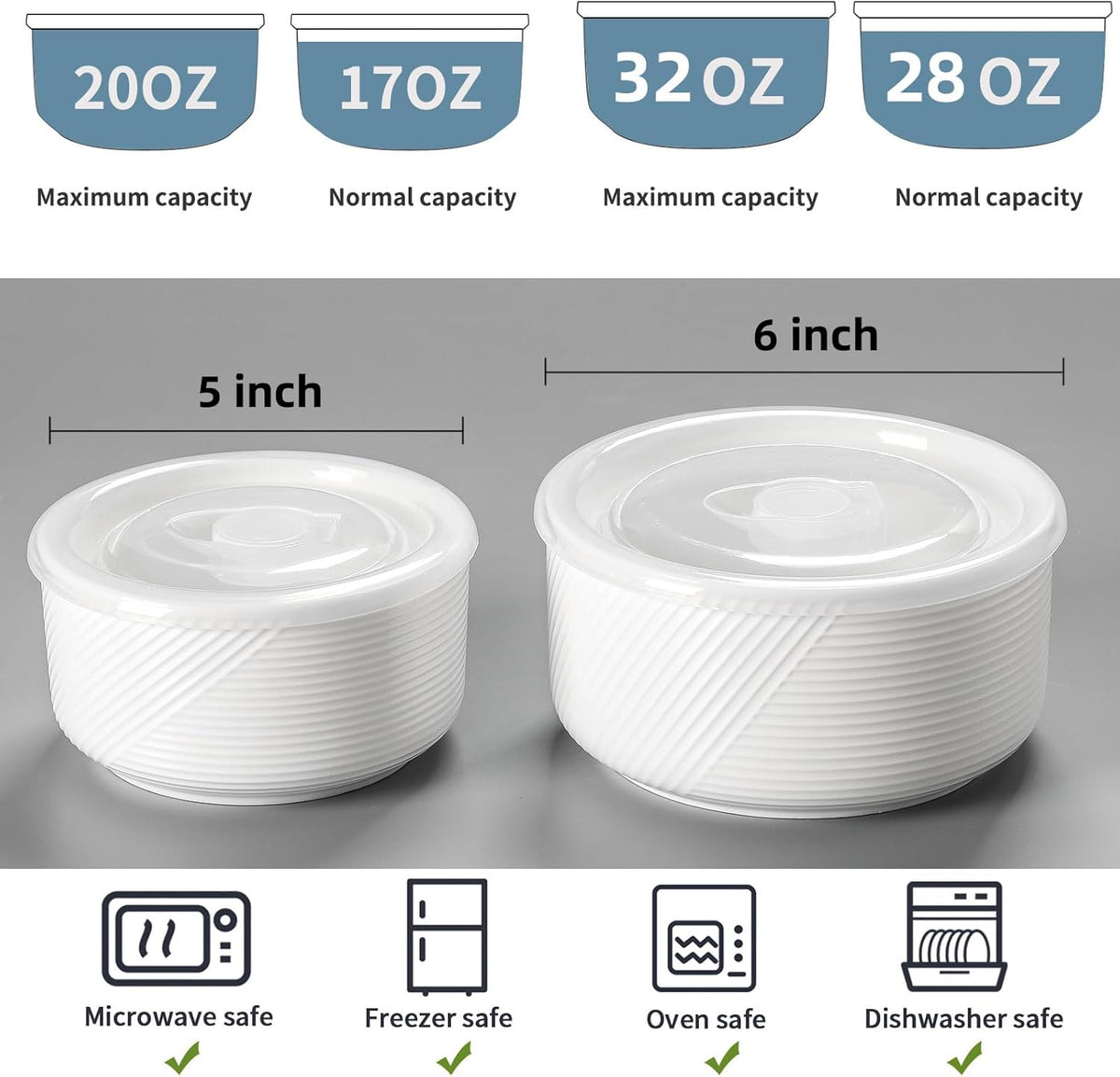 Ceramic Nesting Bowls with Lids, Set of 4, White | 50/32/20/10 oz Mixing Bowls with Lids - Porcelain Food Storage Containers For Prep and Serving, Microwave Safe