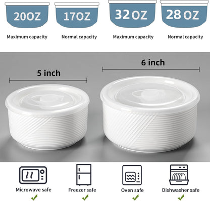 Ceramic Nesting Bowls with Lids, Set of 4, White | 50/32/20/10 oz Mixing Bowls with Lids - Porcelain Food Storage Containers For Prep and Serving, Microwave Safe