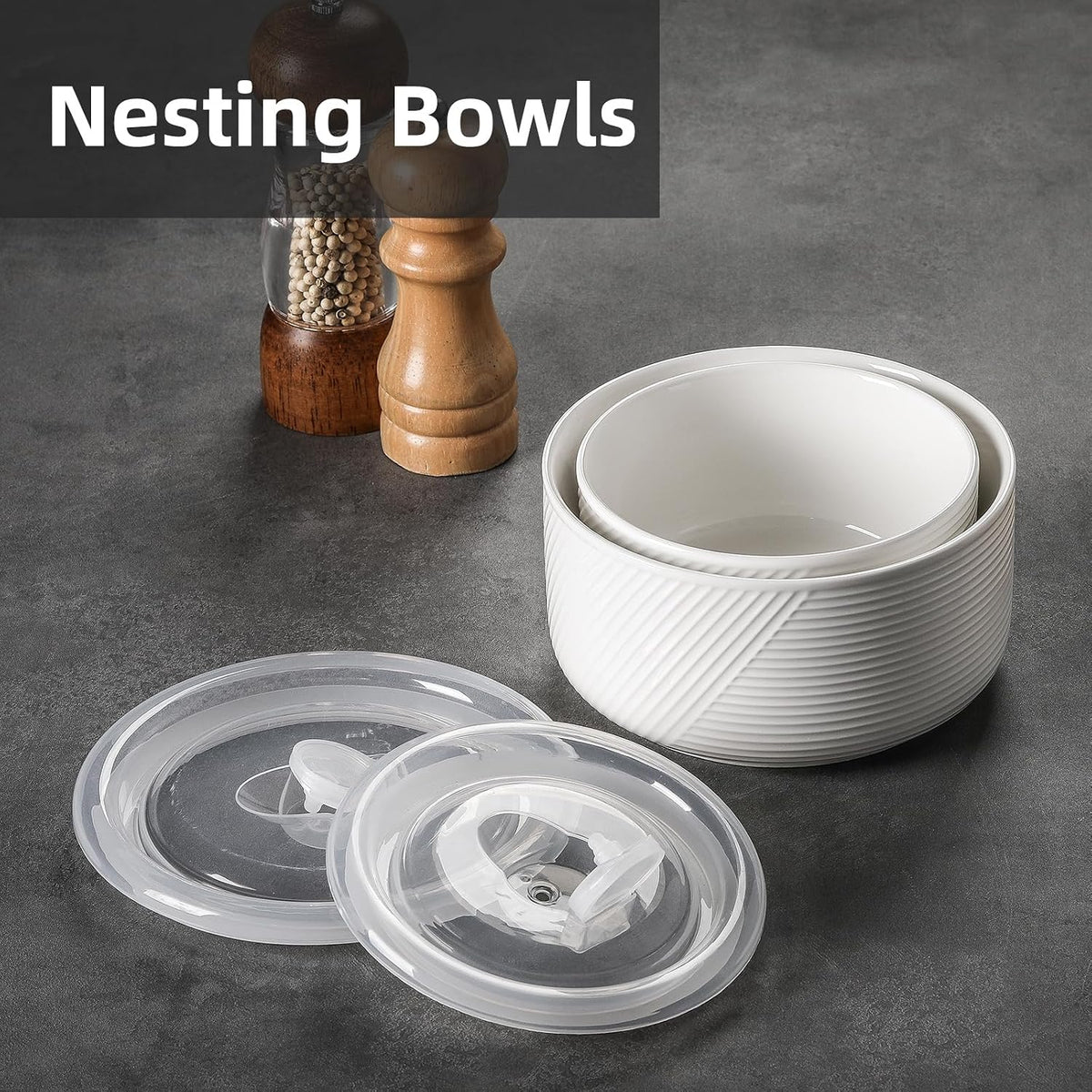Ceramic Nesting Bowls with Lids, Set of 4, White | 50/32/20/10 oz Mixing Bowls with Lids - Porcelain Food Storage Containers For Prep and Serving, Microwave Safe