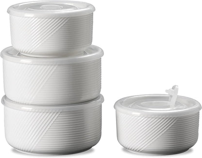 Ceramic Nesting Bowls with Lids, Set of 4, White | 50/32/20/10 oz Mixing Bowls with Lids - Porcelain Food Storage Containers For Prep and Serving, Microwave Safe