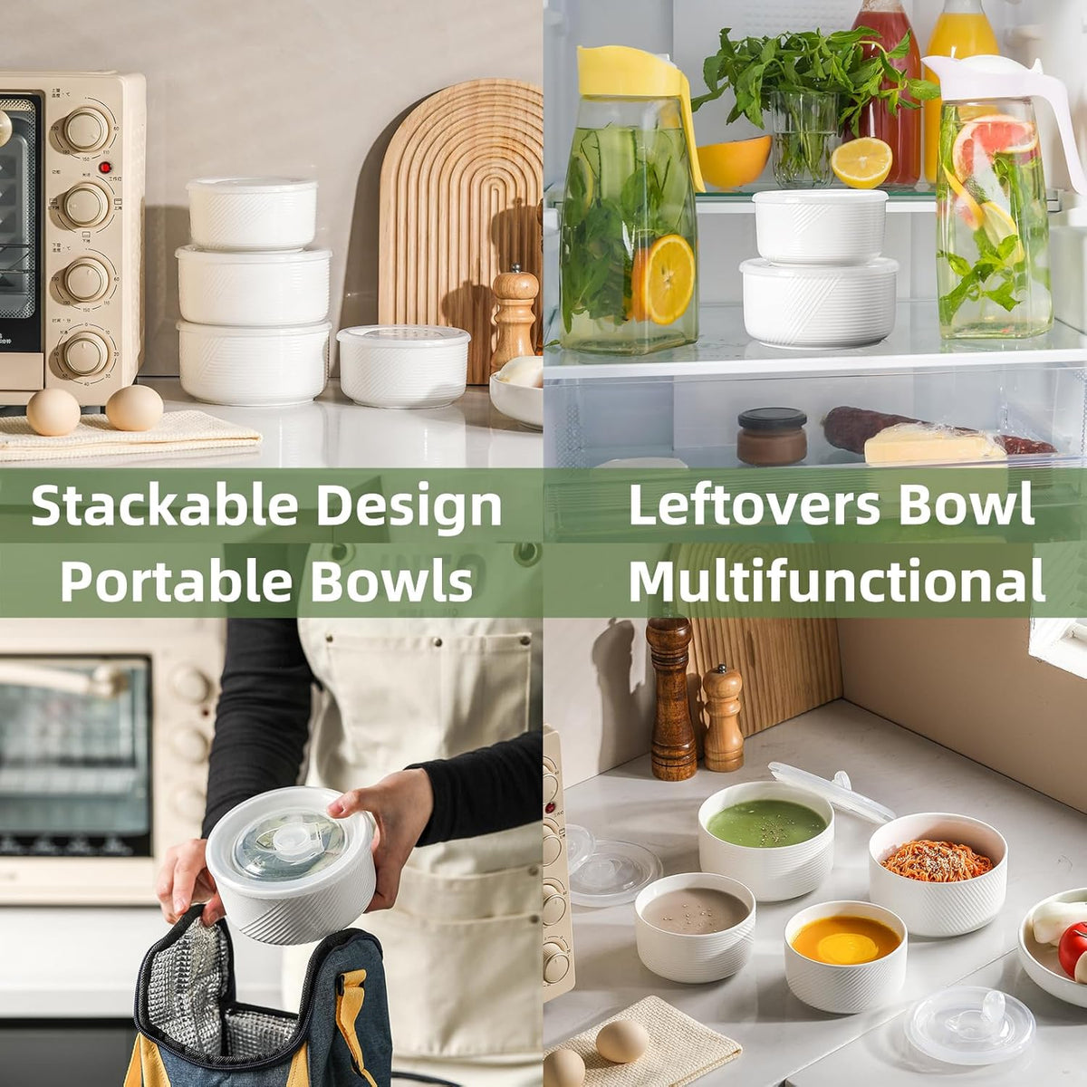 Ceramic Nesting Bowls with Lids, Set of 4, White | 50/32/20/10 oz Mixing Bowls with Lids - Porcelain Food Storage Containers For Prep and Serving, Microwave Safe
