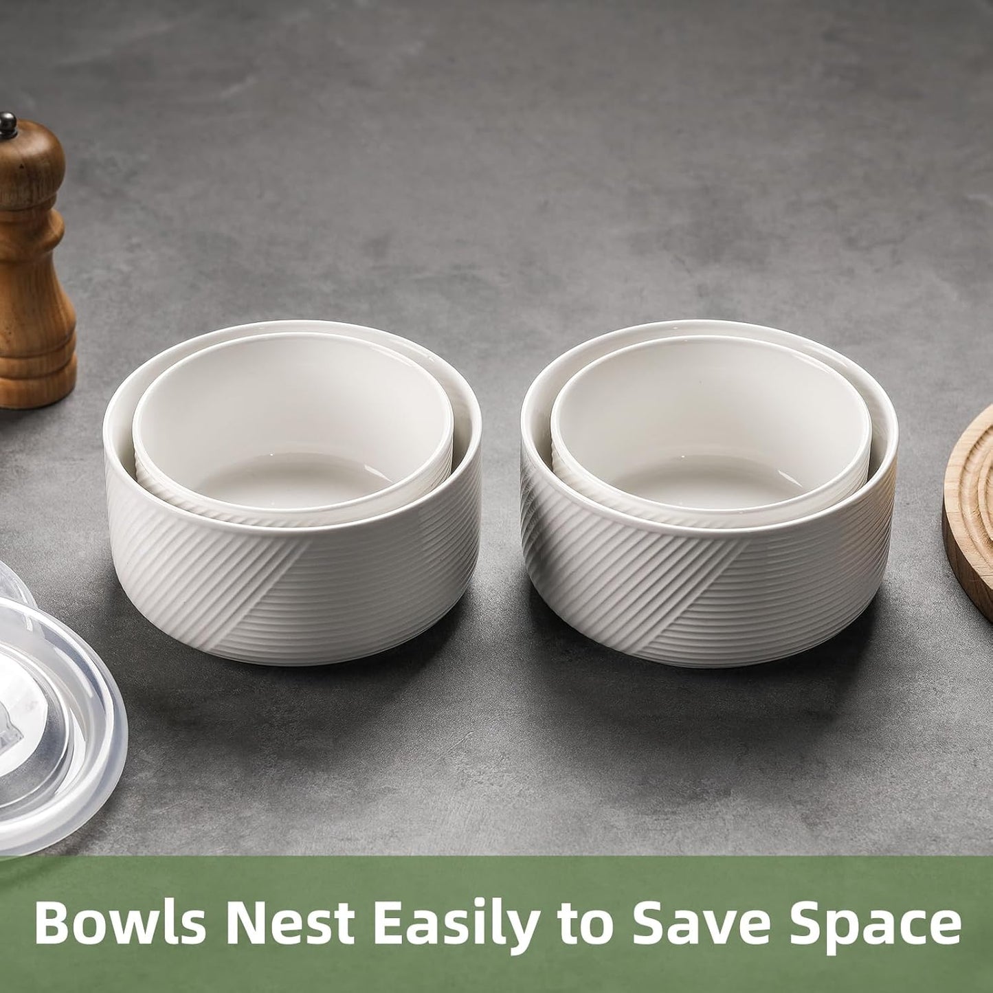 Ceramic Nesting Bowls with Lids, Set of 4, White | 50/32/20/10 oz Mixing Bowls with Lids - Porcelain Food Storage Containers For Prep and Serving, Microwave Safe