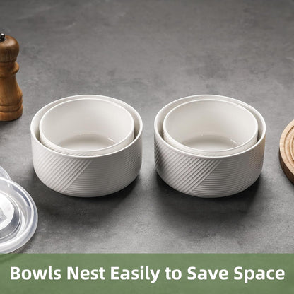 Ceramic Nesting Bowls with Lids, Set of 4, White | 50/32/20/10 oz Mixing Bowls with Lids - Porcelain Food Storage Containers For Prep and Serving, Microwave Safe