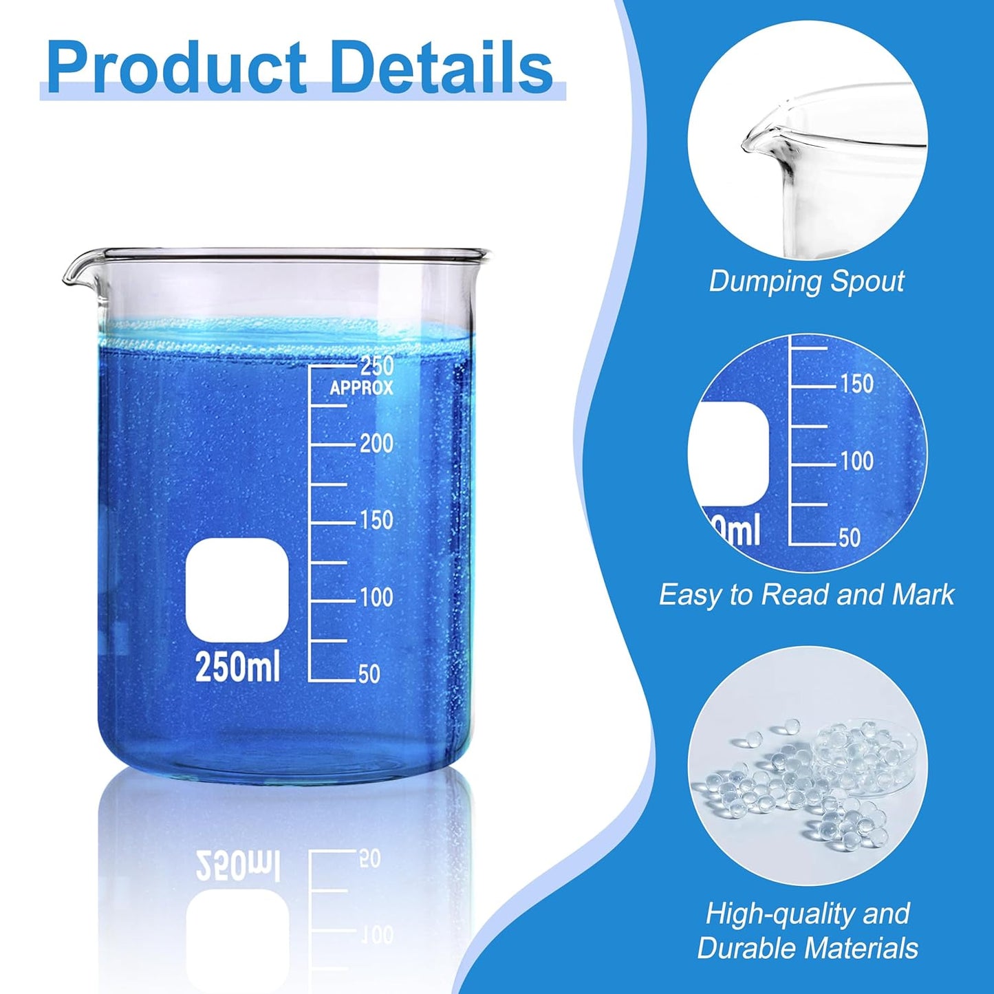 Glass Beakers Set, 5 Sizes - 10ml, 25ml, 50ml, 100ml, 250ml, 3.3 Borosilicate Beaker for Laboratories, Classrooms or Home, Griffin Low Form Lab Beakers