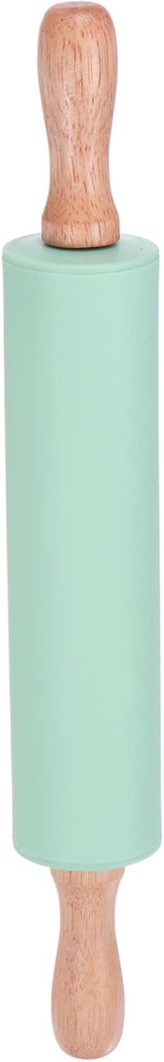 Silicone Rolling Pins for Baking 12.2 Inch Non-Stick Silicone Surface Wooden Handle Rolling Pin Small Roller Playdough Rolling Pins for Fondant Kitchen Dough Pizza, Green