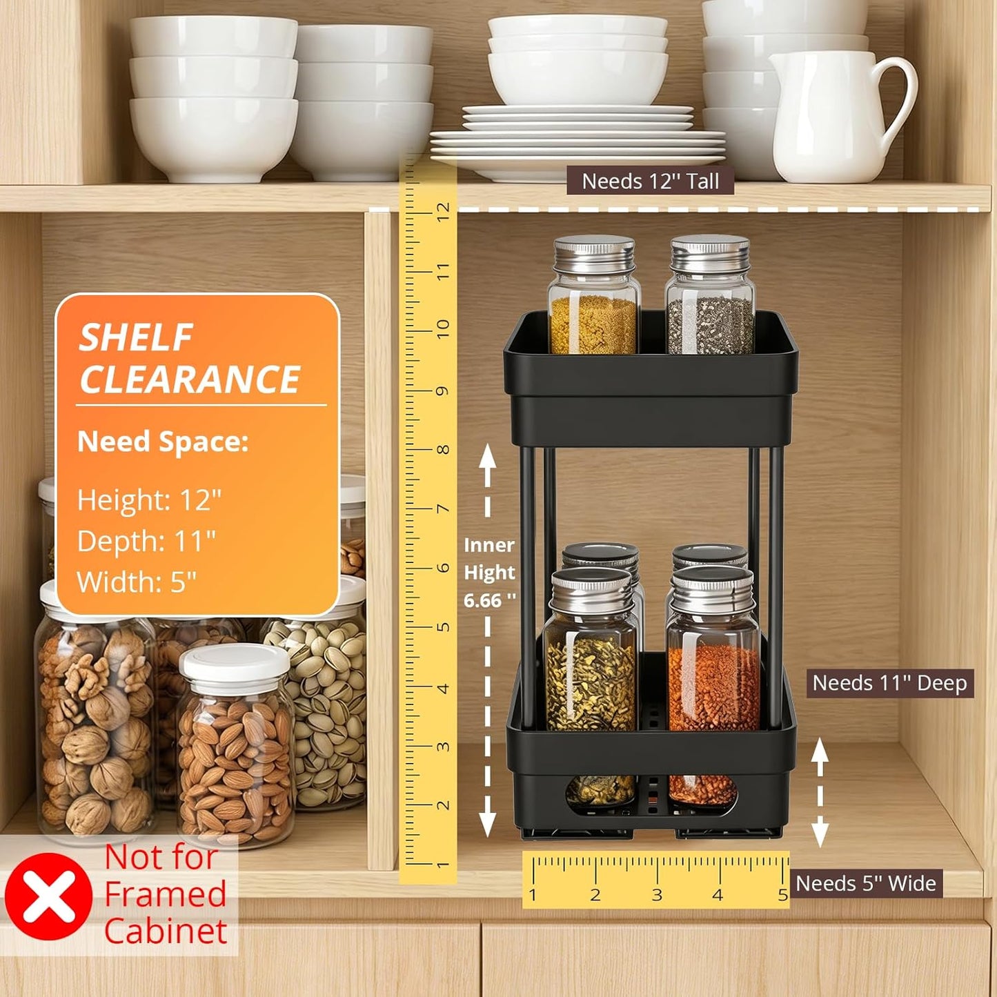 2 Pack Pull Out Spice Rack Organizer for Cabinet, Slide Out Spice Racks Organizer, Spice Cabinet Organizers, Cabinet Size Need:12'' Highx11'' Deepx5'' Wide,Hold 10 Spice Jar Each Tier-2Tier, Black