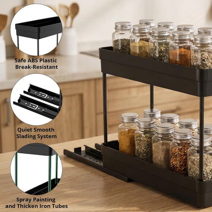2 Pack Pull Out Spice Rack Organizer for Cabinet, Slide Out Spice Racks Organizer, Spice Cabinet Organizers, Cabinet Size Need:12'' Highx11'' Deepx5'' Wide,Hold 10 Spice Jar Each Tier-2Tier, Black