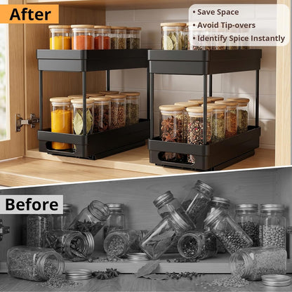 2 Pack Pull Out Spice Rack Organizer for Cabinet, Slide Out Spice Racks Organizer, Spice Cabinet Organizers, Cabinet Size Need:12'' Highx11'' Deepx5'' Wide,Hold 10 Spice Jar Each Tier-2Tier, Black