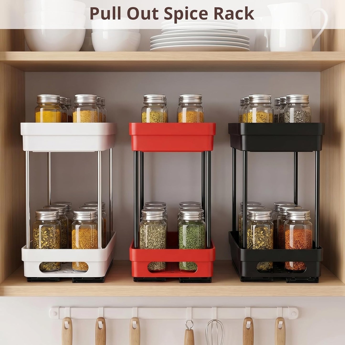 2 Pack Pull Out Spice Rack Organizer for Cabinet, Slide Out Spice Racks Organizer, Spice Cabinet Organizers, Cabinet Size Need:12'' Highx11'' Deepx5'' Wide,Hold 10 Spice Jar Each Tier-2Tier, Black