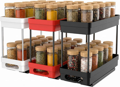 2 Pack Pull Out Spice Rack Organizer for Cabinet, Slide Out Spice Racks Organizer, Spice Cabinet Organizers, Cabinet Size Need:12'' Highx11'' Deepx5'' Wide,Hold 10 Spice Jar Each Tier-2Tier, Black