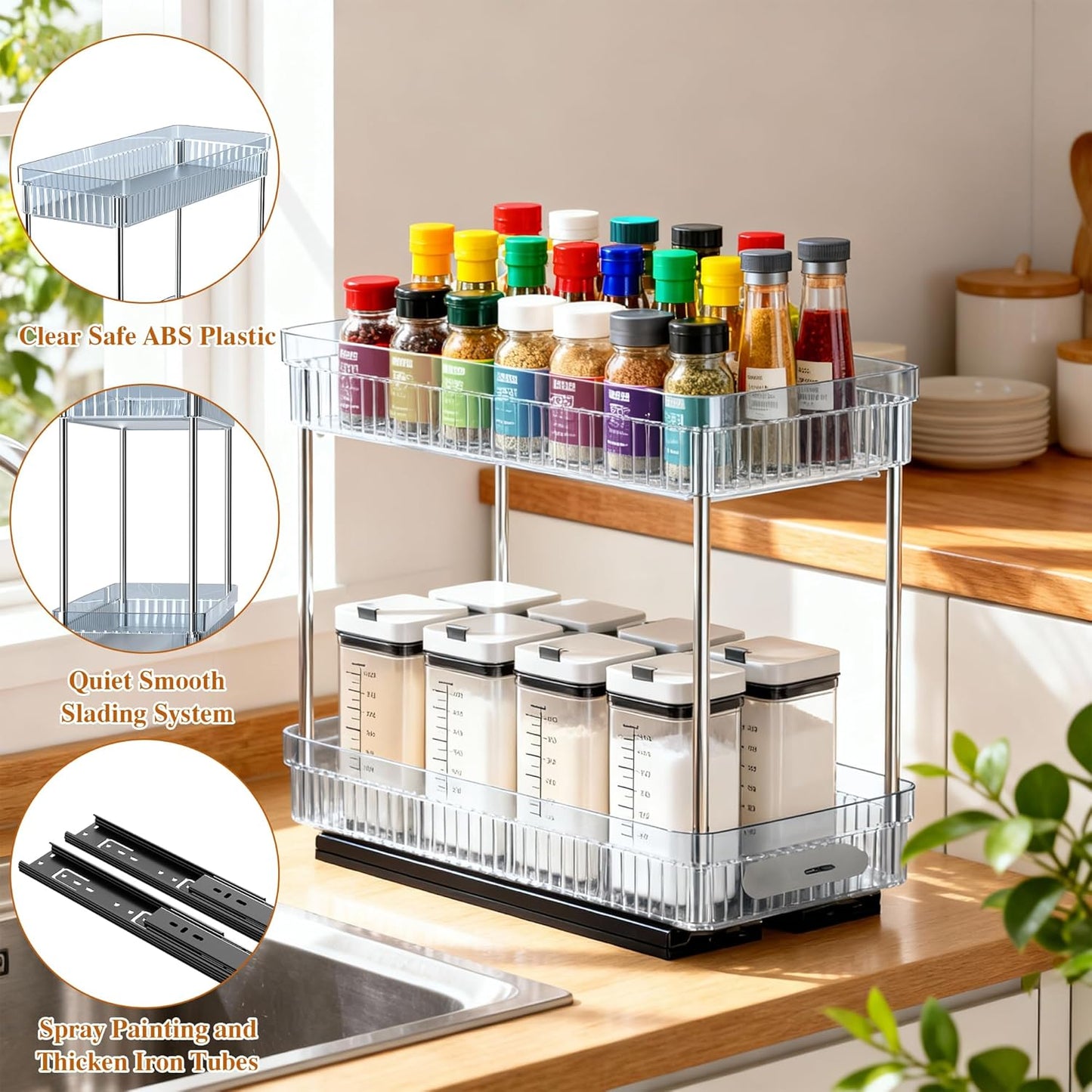 2 Pack Pull Out Spice Rack Organizer for Cabinet, Slide Out Spice Racks Organizer, Spice Cabinet Organizers, Cabinet Size Need:12'' Highx11'' Deepx5'' Wide,Hold 10 Spice Jar Each Tier-2Tier, Black