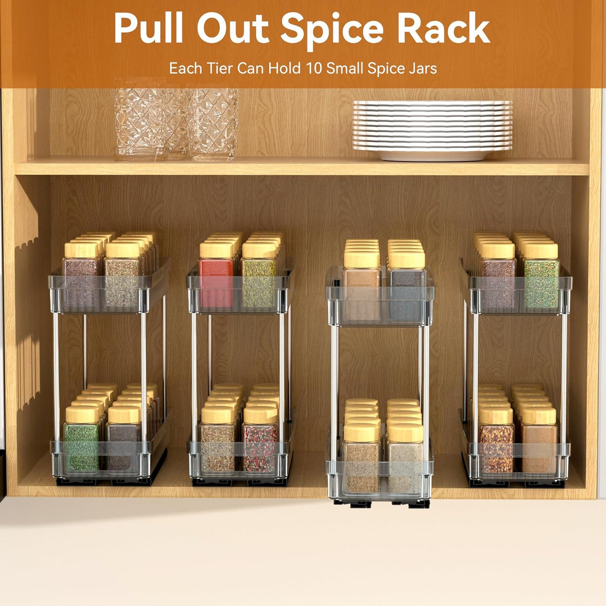 2 Pack Pull Out Spice Rack Organizer for Cabinet, Slide Out Spice Racks Organizer, Spice Cabinet Organizers, Cabinet Size Need:12'' Highx11'' Deepx5'' Wide,Hold 10 Spice Jar Each Tier-2Tier, Black