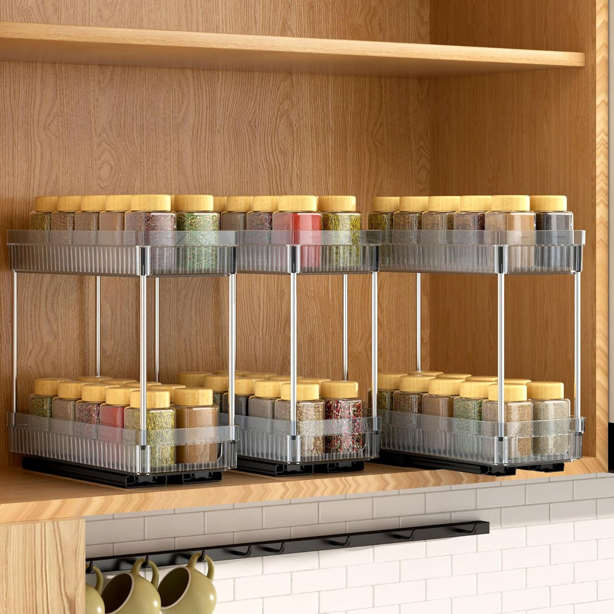 2 Pack Pull Out Spice Rack Organizer for Cabinet, Slide Out Spice Racks Organizer, Spice Cabinet Organizers, Cabinet Size Need:12'' Highx11'' Deepx5'' Wide,Hold 10 Spice Jar Each Tier-2Tier, Black
