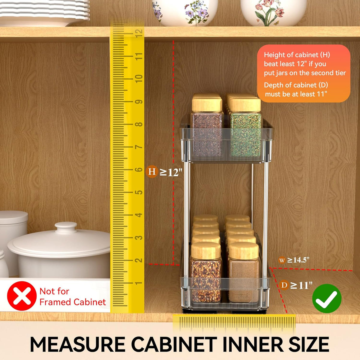 2 Pack Pull Out Spice Rack Organizer for Cabinet, Slide Out Spice Racks Organizer, Spice Cabinet Organizers, Cabinet Size Need:12'' Highx11'' Deepx5'' Wide,Hold 10 Spice Jar Each Tier-2Tier, Black