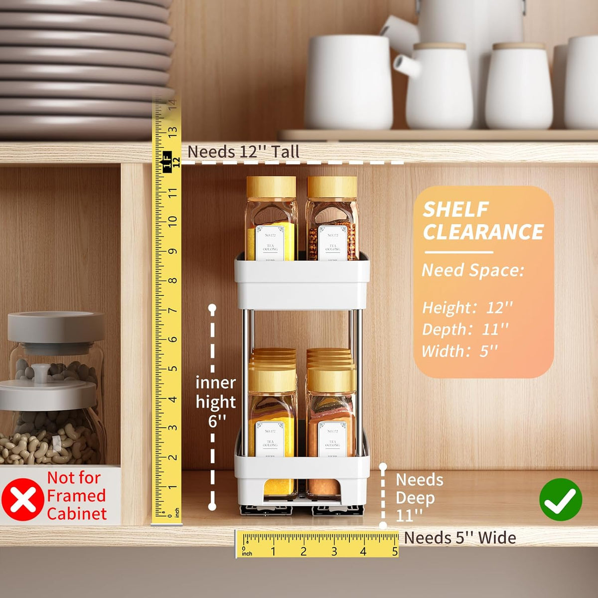 2 Pack Pull Out Spice Rack Organizer for Cabinet, Slide Out Spice Racks Organizer, Spice Cabinet Organizers, Cabinet Size Need:12'' Highx11'' Deepx5'' Wide,Hold 10 Spice Jar Each Tier-2Tier, Black