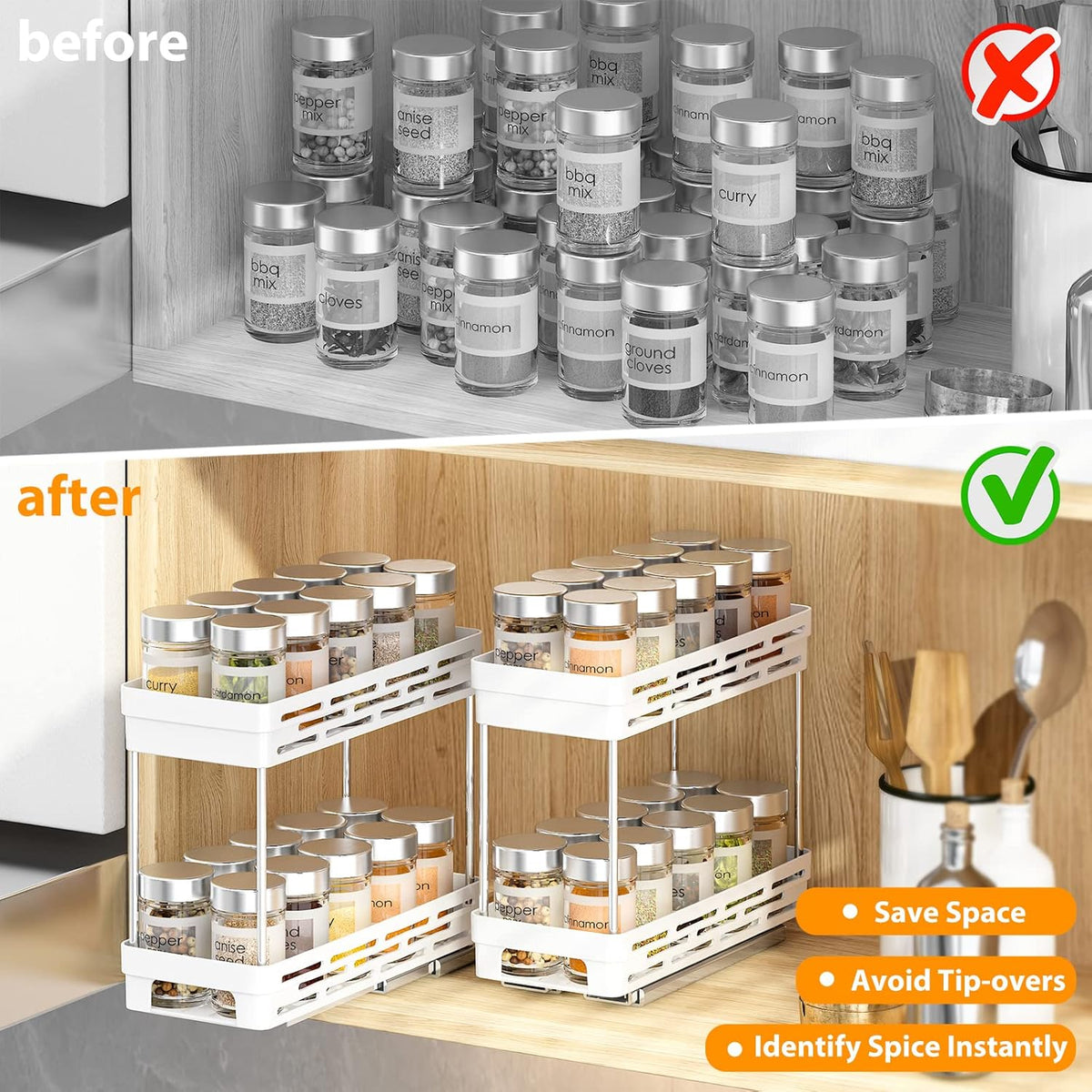 2 Pack Pull Out Spice Rack Organizer for Cabinet, Slide Out Spice Racks Organizer, Spice Cabinet Organizers, Cabinet Size Need:12'' Highx11'' Deepx5'' Wide,Hold 10 Spice Jar Each Tier-2Tier, Black