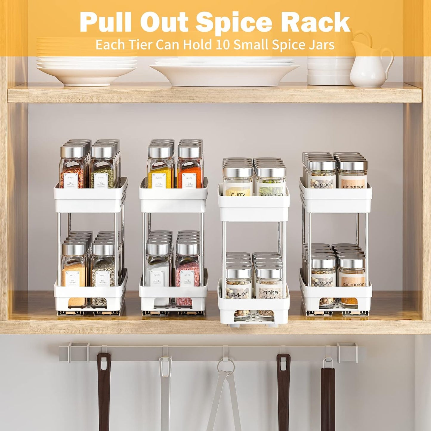 2 Pack Pull Out Spice Rack Organizer for Cabinet, Slide Out Spice Racks Organizer, Spice Cabinet Organizers, Cabinet Size Need:12'' Highx11'' Deepx5'' Wide,Hold 10 Spice Jar Each Tier-2Tier, Black
