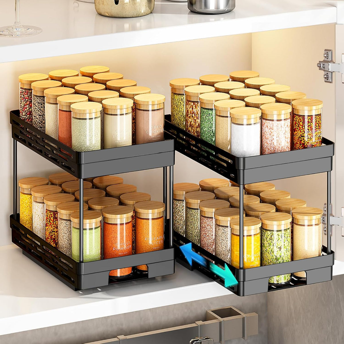 2 Pack Pull Out Spice Rack Organizer for Cabinet, Slide Out Spice Racks Organizer, Spice Cabinet Organizers, Cabinet Size Need:12'' Highx11'' Deepx5'' Wide,Hold 10 Spice Jar Each Tier-2Tier, Black
