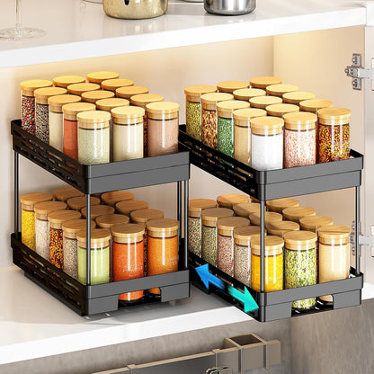 2 Pack Pull Out Spice Rack Organizer for Cabinet, Slide Out Spice Racks Organizer, Spice Cabinet Organizers, Cabinet Size Need:12'' Highx11'' Deepx5'' Wide,Hold 10 Spice Jar Each Tier-2Tier, Black