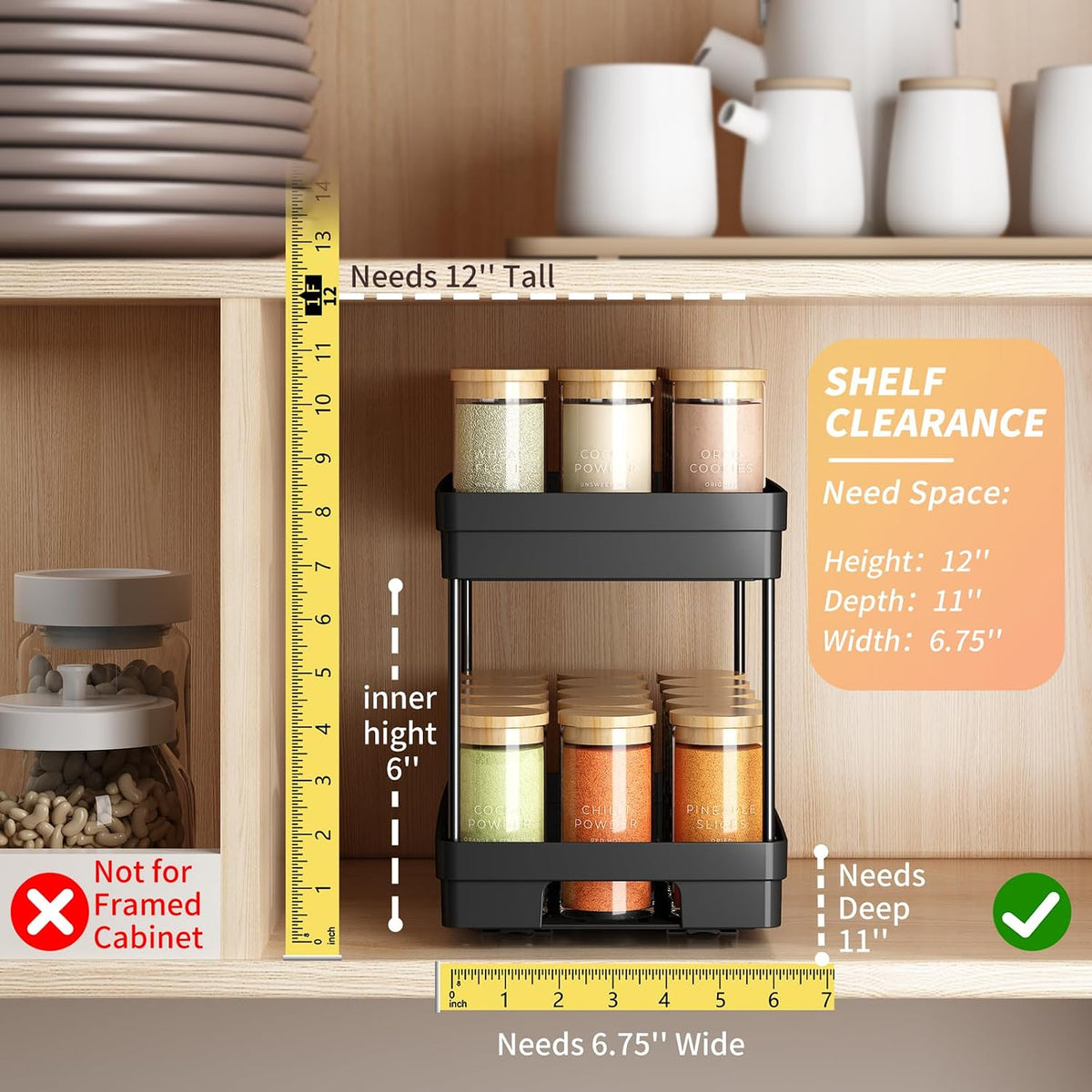 2 Pack Pull Out Spice Rack Organizer for Cabinet, Slide Out Spice Racks Organizer, Spice Cabinet Organizers, Cabinet Size Need:12'' Highx11'' Deepx5'' Wide,Hold 10 Spice Jar Each Tier-2Tier, Black
