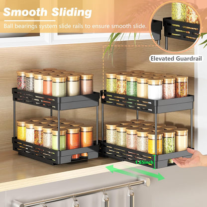 2 Pack Pull Out Spice Rack Organizer for Cabinet, Slide Out Spice Racks Organizer, Spice Cabinet Organizers, Cabinet Size Need:12'' Highx11'' Deepx5'' Wide,Hold 10 Spice Jar Each Tier-2Tier, Black