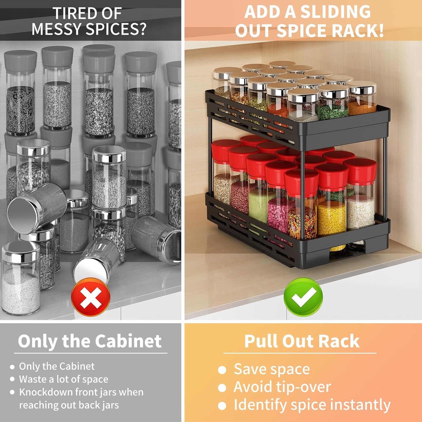 2 Pack Pull Out Spice Rack Organizer for Cabinet, Slide Out Spice Racks Organizer, Spice Cabinet Organizers, Cabinet Size Need:12'' Highx11'' Deepx5'' Wide,Hold 10 Spice Jar Each Tier-2Tier, Black