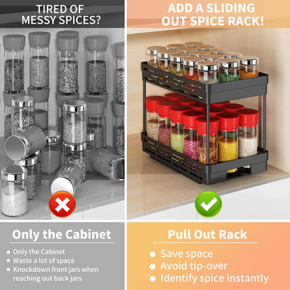 2 Pack Pull Out Spice Rack Organizer for Cabinet, Slide Out Spice Racks Organizer, Spice Cabinet Organizers, Cabinet Size Need:12'' Highx11'' Deepx5'' Wide,Hold 10 Spice Jar Each Tier-2Tier, Black