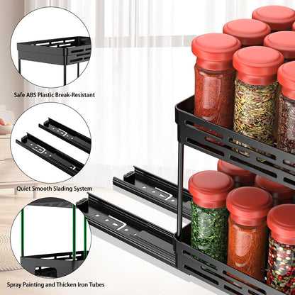 2 Pack Pull Out Spice Rack Organizer for Cabinet, Slide Out Spice Racks Organizer, Spice Cabinet Organizers, Cabinet Size Need:12'' Highx11'' Deepx5'' Wide,Hold 10 Spice Jar Each Tier-2Tier, Black