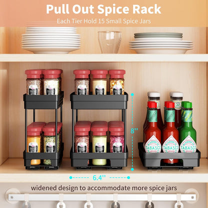 2 Pack Pull Out Spice Rack Organizer for Cabinet, Slide Out Spice Racks Organizer, Spice Cabinet Organizers, Cabinet Size Need:12'' Highx11'' Deepx5'' Wide,Hold 10 Spice Jar Each Tier-2Tier, Black