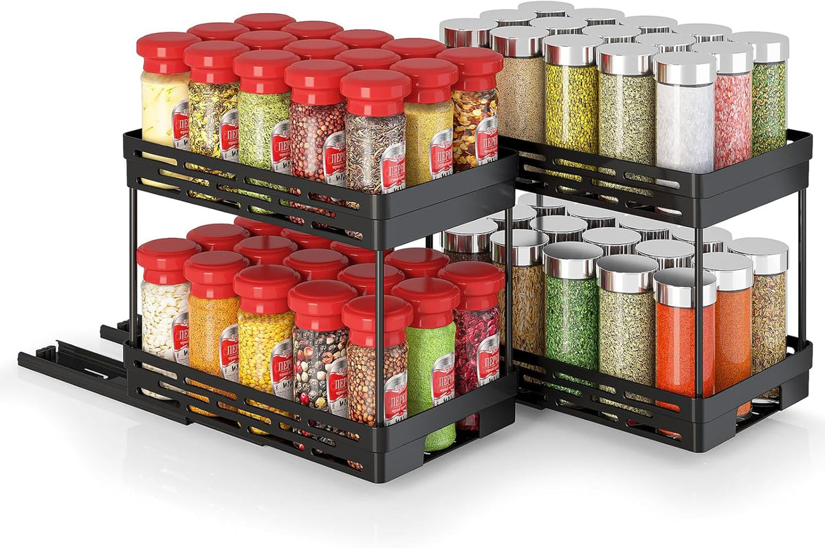 2 Pack Pull Out Spice Rack Organizer for Cabinet, Slide Out Spice Racks Organizer, Spice Cabinet Organizers, Cabinet Size Need:12'' Highx11'' Deepx5'' Wide,Hold 10 Spice Jar Each Tier-2Tier, Black