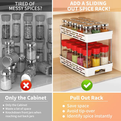 2 Pack Pull Out Spice Rack Organizer for Cabinet, Slide Out Spice Racks Organizer, Spice Cabinet Organizers, Cabinet Size Need:12'' Highx11'' Deepx5'' Wide,Hold 10 Spice Jar Each Tier-2Tier, Black