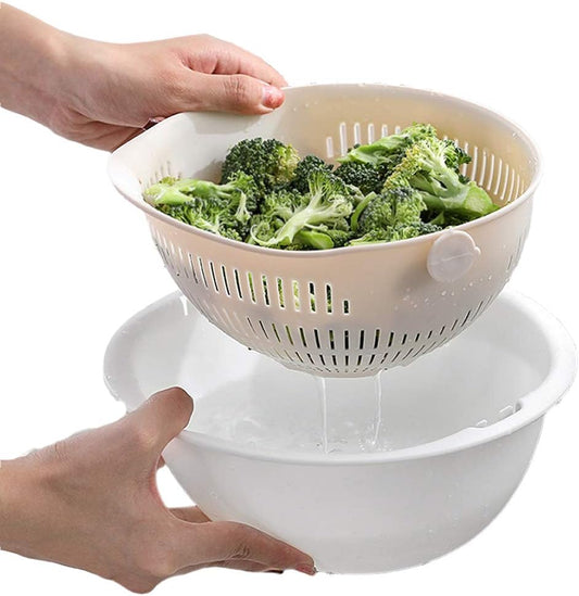 Double Layer Swivel Drainer 2 in 1 Bowl Strainer Combo - Kitchen Colander Fruit Wash Strainer for Cleaning Veggies, Noodles (Beige)