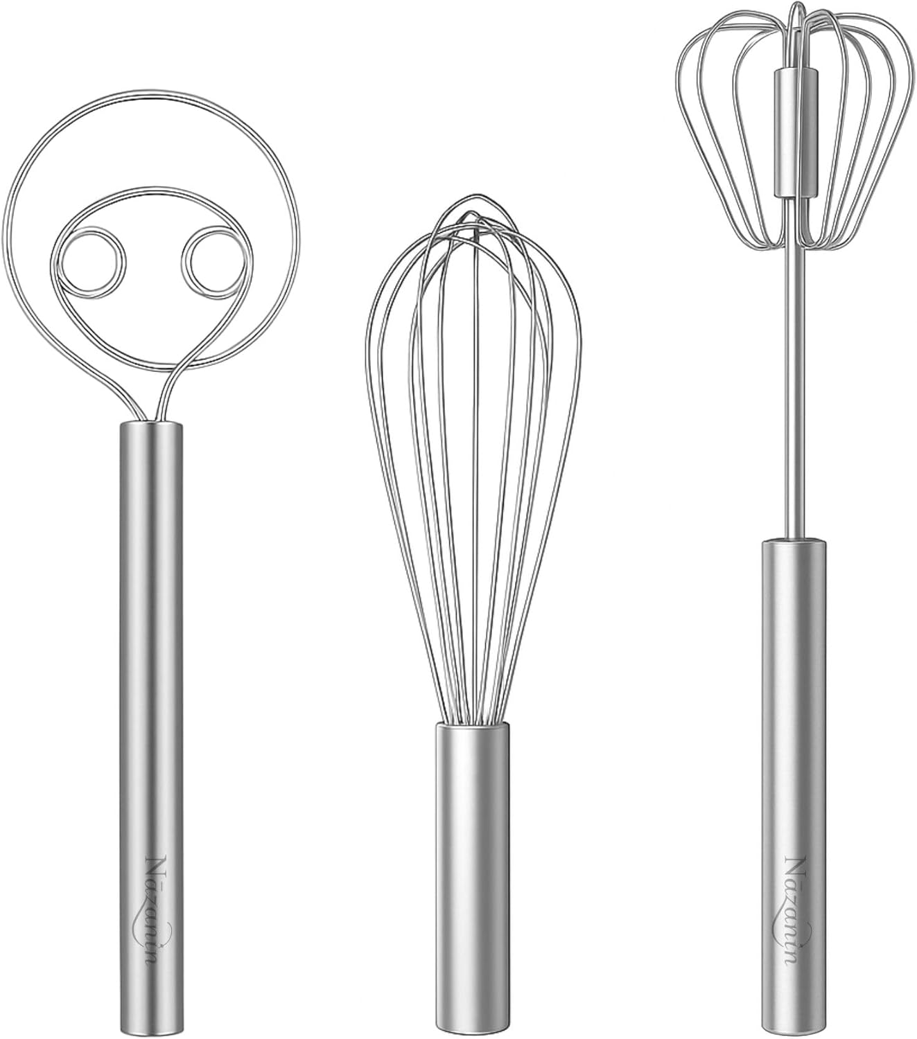3-Piece Premium Whisk Set - 304 Stainless Steel Danish Dough Whisk, Semi-Automatic Push Egg Beater, & Balloon Whisk - Professional Battery-Free Baking Tools & Bread Making Gift Set